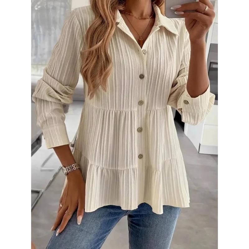 Весенне-летняя женская модная удобная универсальная рубашка с длинным рукавом однотонной расцветки