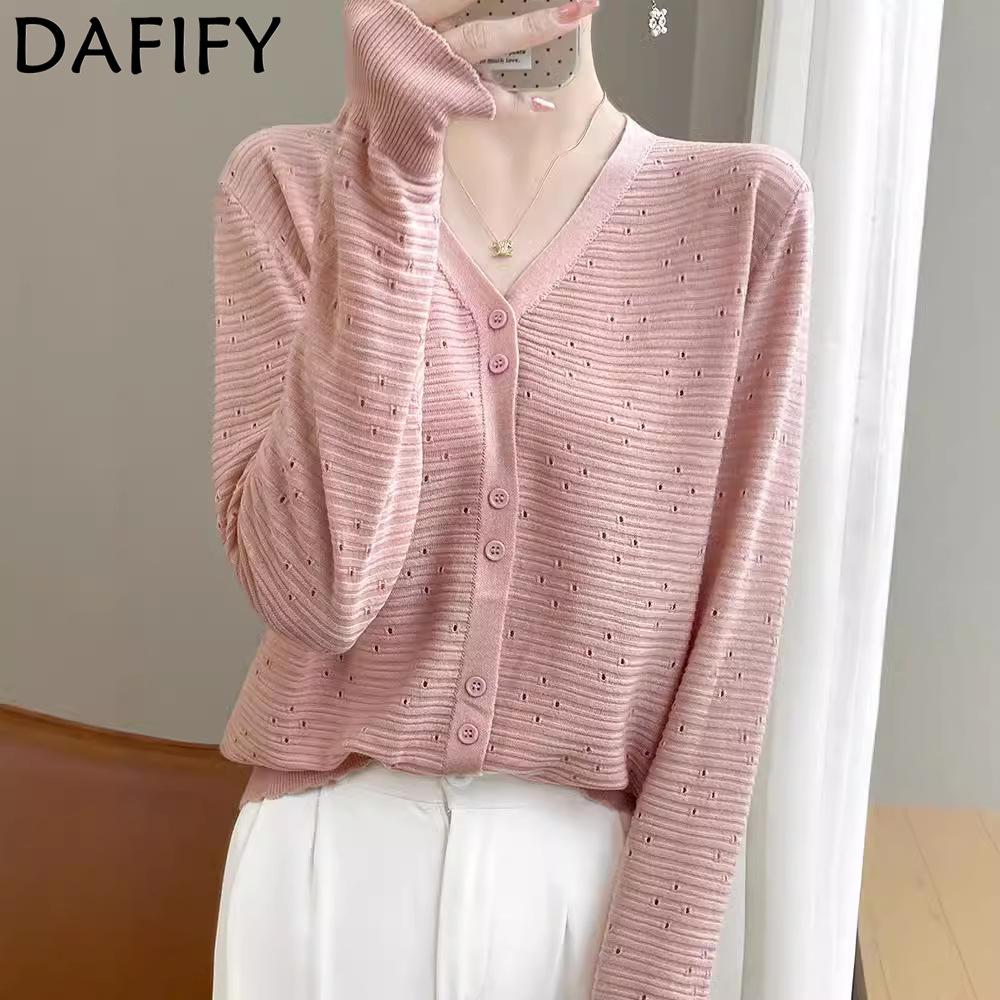 DAFIFY Women's Fashion Casual Fall Winter Solid Color Print Long Sleeve V-Neck Sweaters