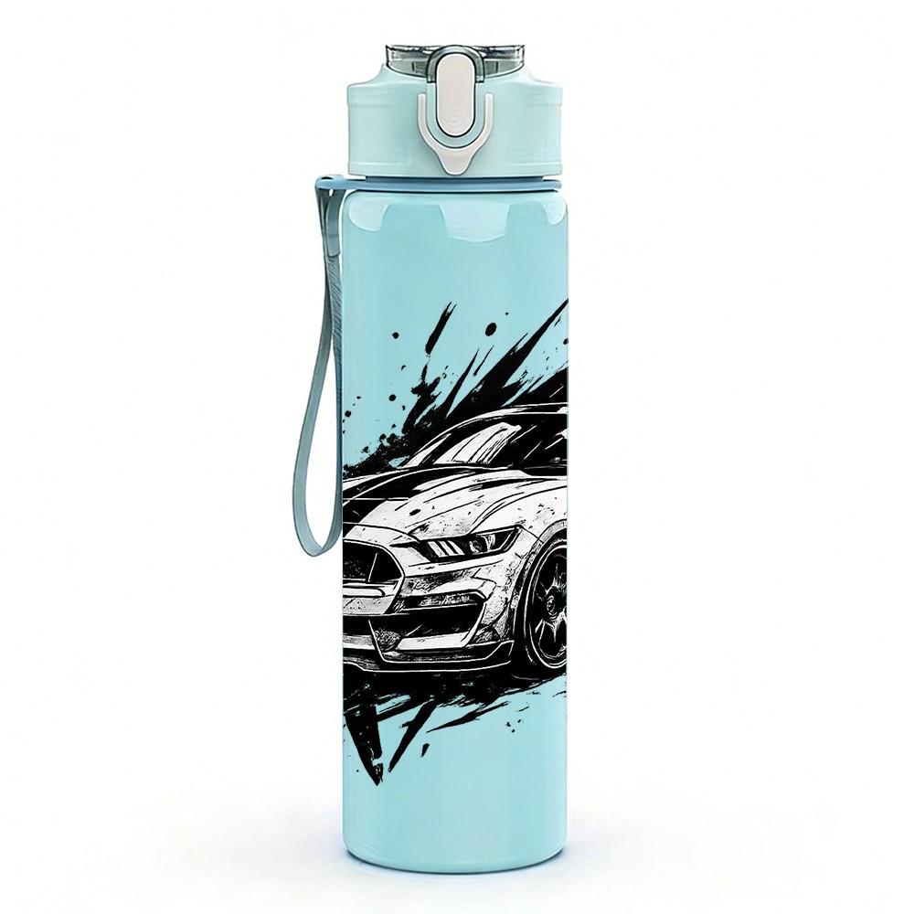 1PC Black Muscle Car Splash Art Print 750ml Color Plastic Sports Water Bottle Leakproof Flip Straw Lid Suitable for Sports Office Home Use
