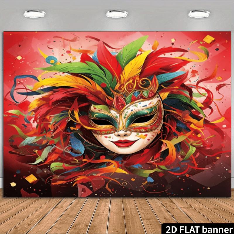 2D Flat Carnival Mask Celebration Tapestry with Colorful Feathers and Confetti for Festive Party Backdrop