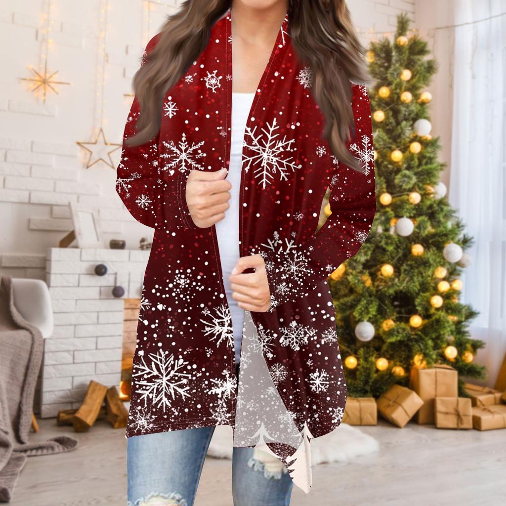 Женская мода повседневная рождественская печать средней длины кардиган куртка пальто