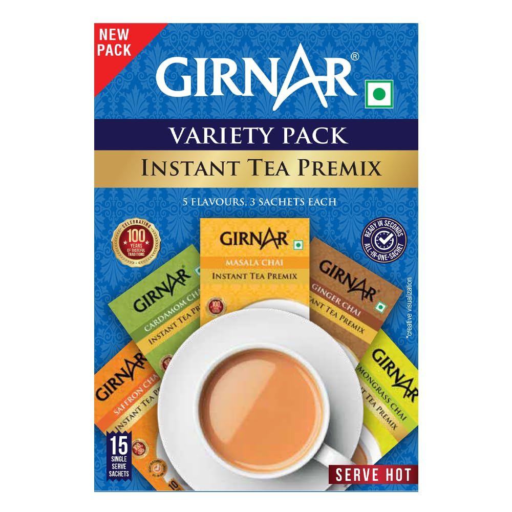 Girnar Instant Premix Чай Разнообразная упаковка с 15 пакетиками Вкусы зеленого чая Для подарка, путешествий и ежедневного enjoyment