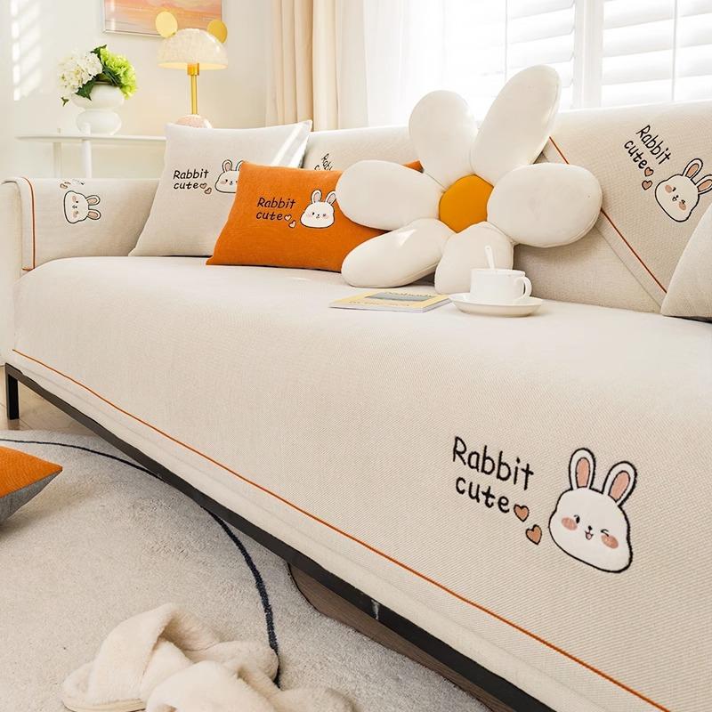 Cartoon Embroidered Sofa Cushion, All-Season Non-Slip Cotton And Linen Cover Towel, Simple Modern Sofa Cover, Seat Cushion