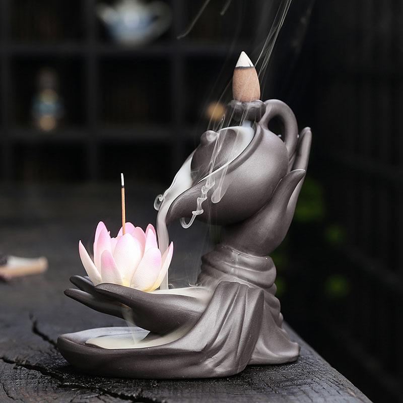 Дзен Медитация Релаксация Ручная работа Фиолетовая Глина Курильница Противоток Благовония Лотос Будда Дизайн Рука Благовония Курильница - Без Благовоний