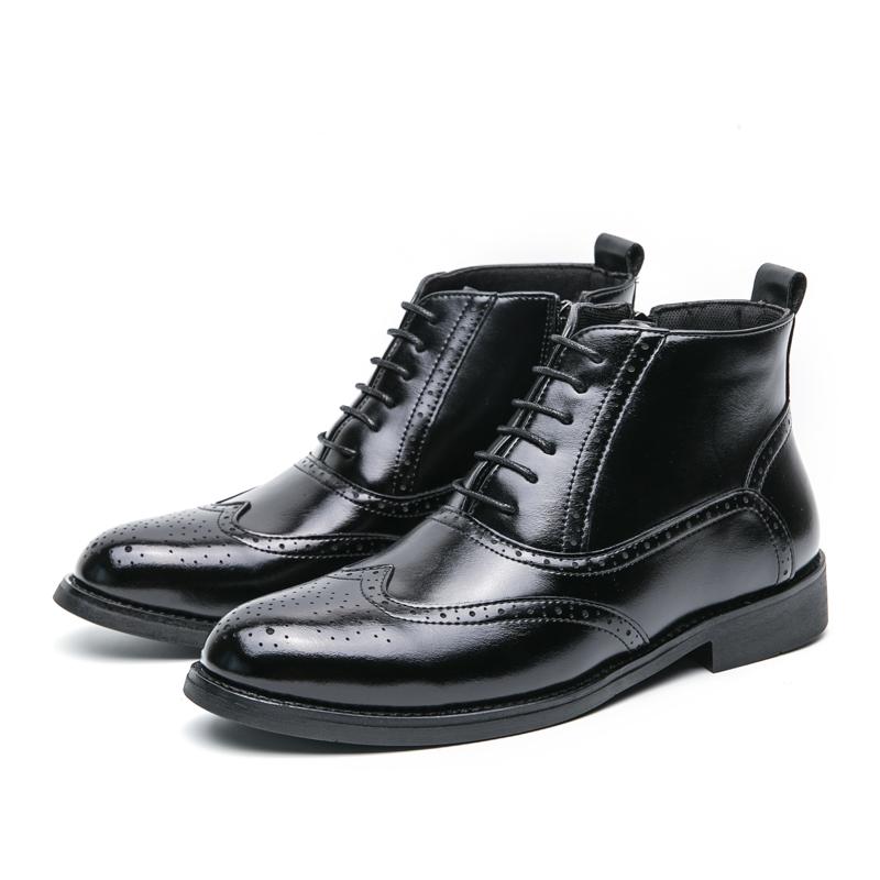 Men Brogues Boots Motorcycle Casual Ankle Boots Wingtip Dress Formal High Top Black White Leather Boots Over Sized