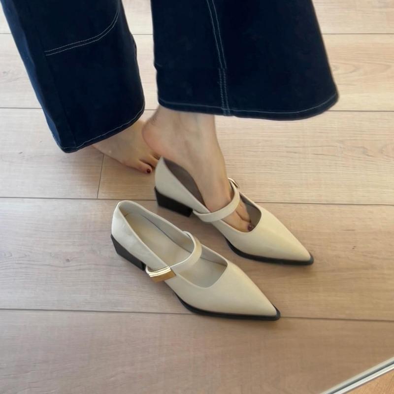 Sheepskin version~ One-pedal pointed thick heel Mary Jane shoes, light mouth one word with commuting light mouth temperament single shoes