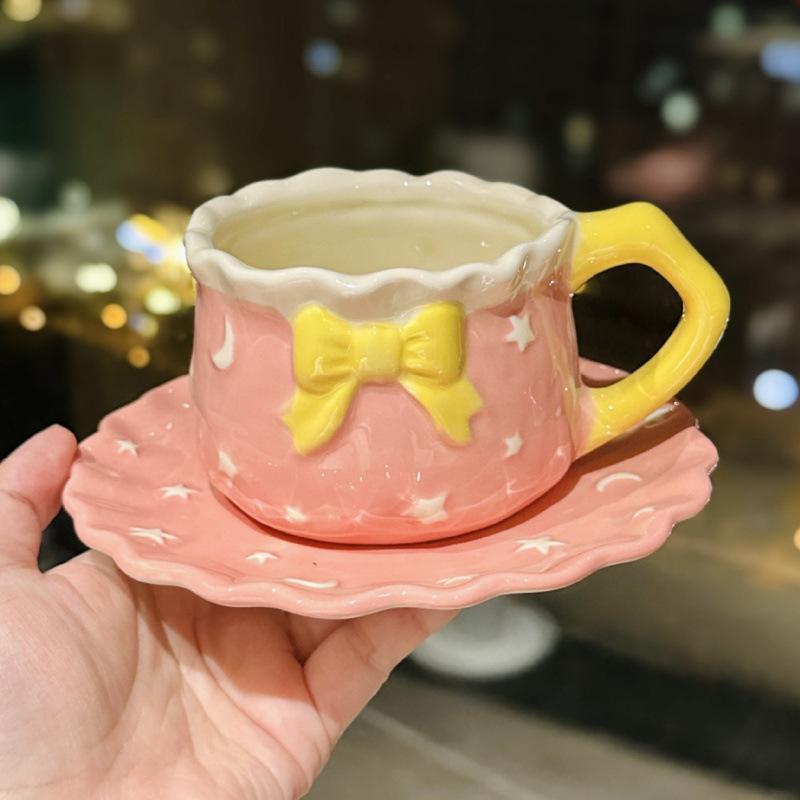 Small Fresh Starry Sky Cup and Saucer Ceramic Coffee Cup Office Girl Heart Bow Afternoon Tea Cup and Saucer Souvenir