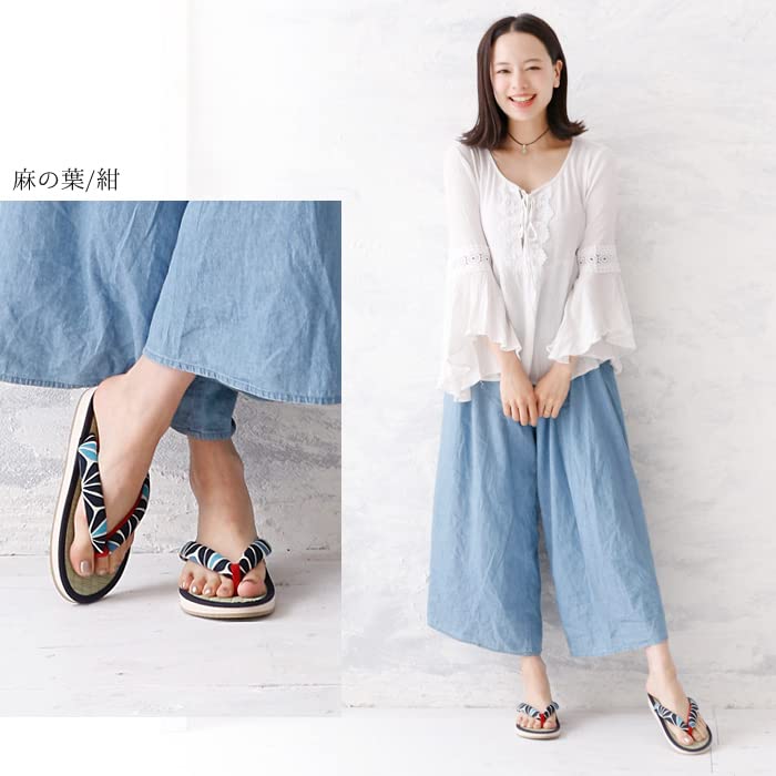 Rush Grass Round Tatami Fits Fit Hemp Leaf Type Size L [Takeharu] Women's Japanese-made Sandals, Shape, Sandals, Non-slip, Perfectly, Pattern/Navy, A,