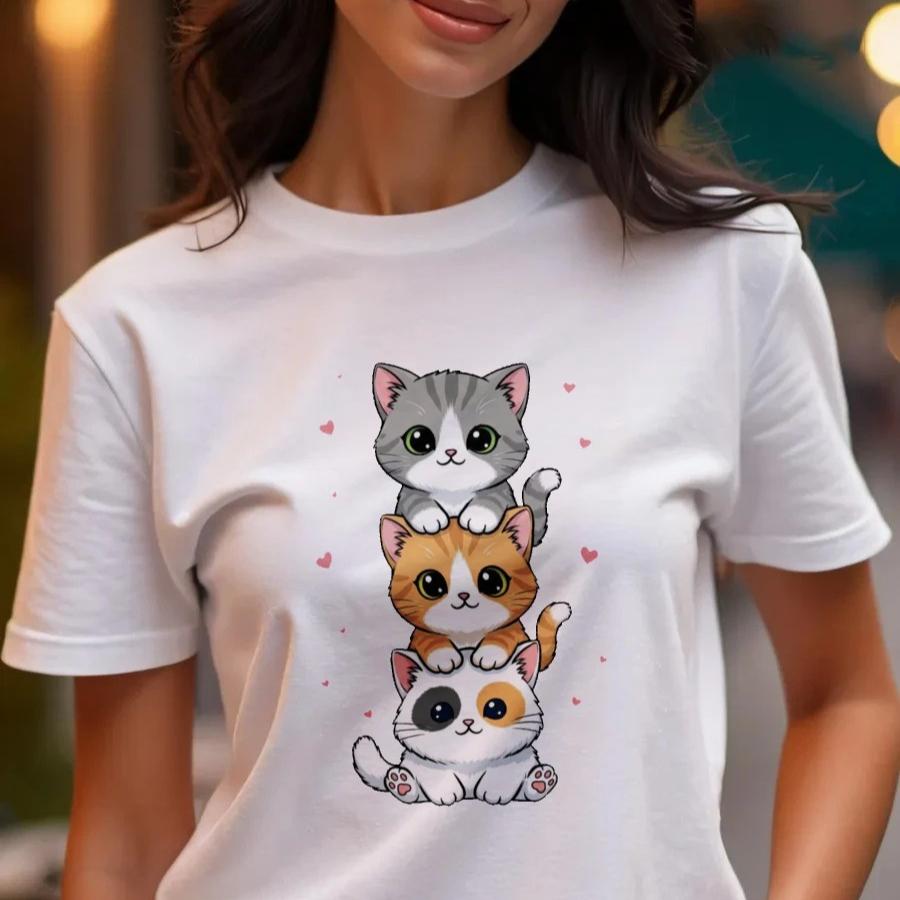 Domino Style Cat Cartoon Print Women Tee Round Neck Short-sleeve Soft and Comfortable Fabric Simple Stylish Aesthetic Design Tee