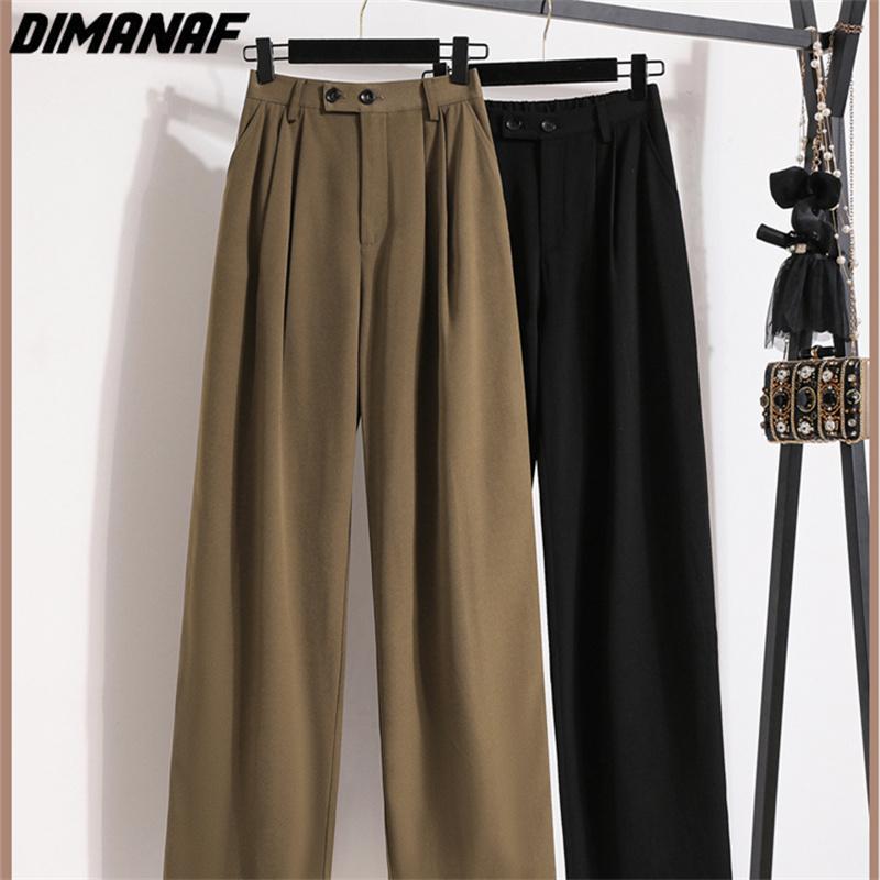 DIMANAF 2023 Большие размеры Длинные брюки Женские эластичные свободные винтажные однотонные хлопковые свободные длинные брюки с высокой талией Повседневные женские базовые большие брюки