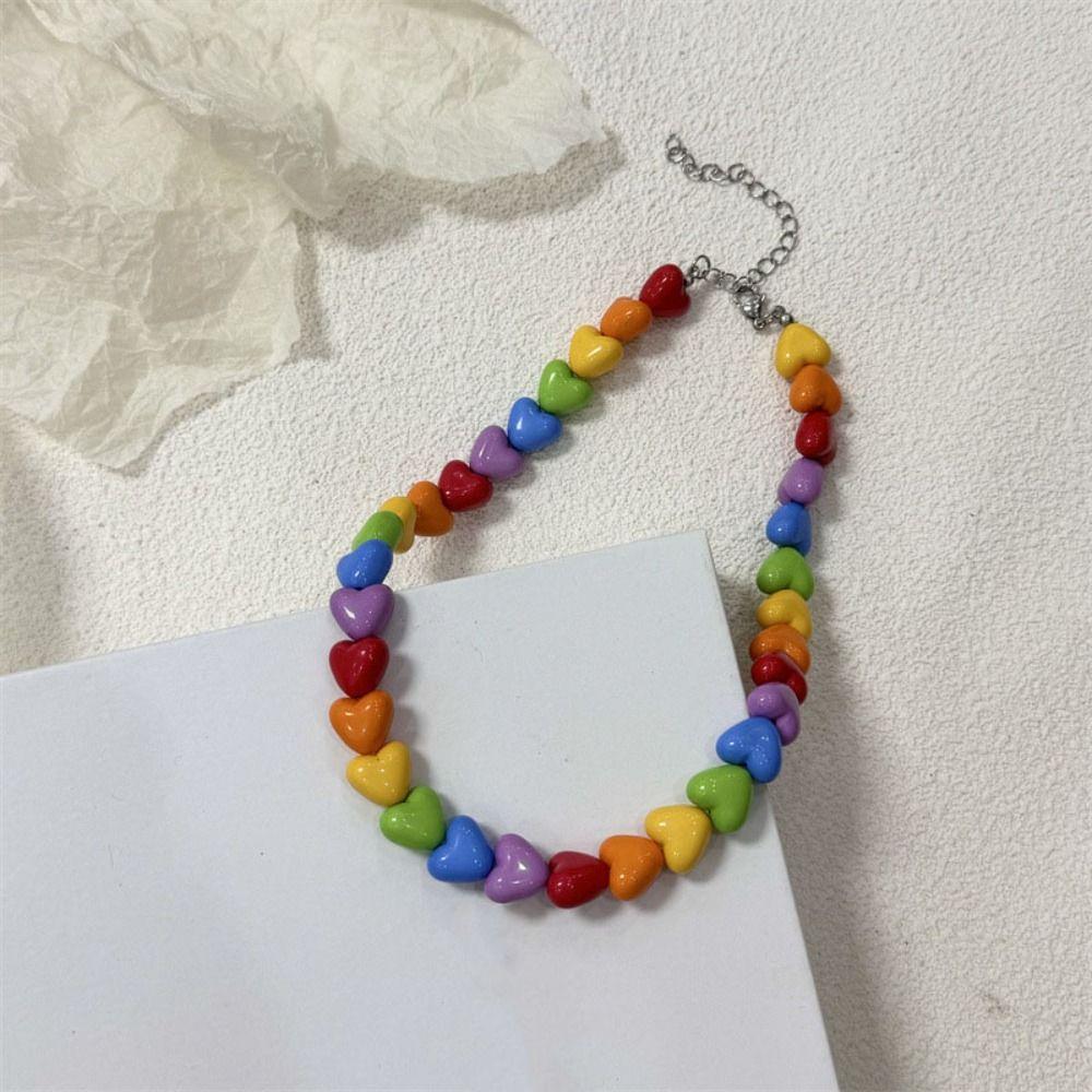 Adjustable Collarbone Chain Acrylic Love Heart Beaded Necklace Rainbow Necklace Party Supplies