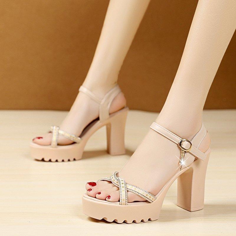 Босоножки на высоком каблуке со стразами для женщин, летние, новые, удобные и простые, модные босоножки с пряжкой