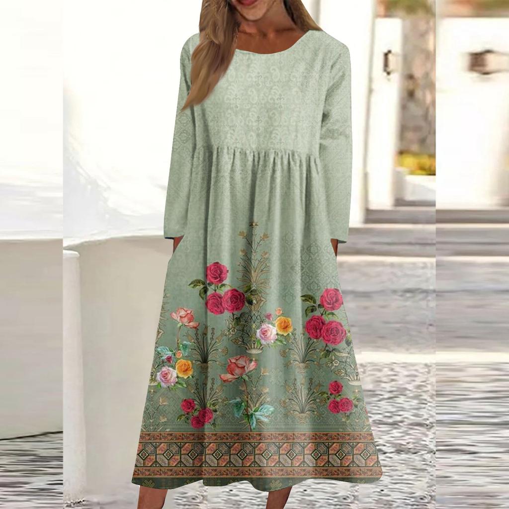 Женское повседневное платье средней длины с круглым вырезом и принтом, карманное платье с длинными рукавами