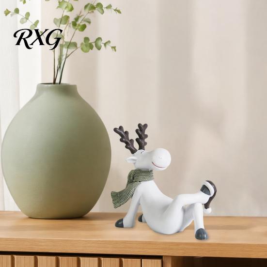 Whimsical Animal Figurines Nordic Minimalist Resin Reindeer Figurine with Knitted Scarf, Cute Healing Deer Statue, Matte White Boho Home Table