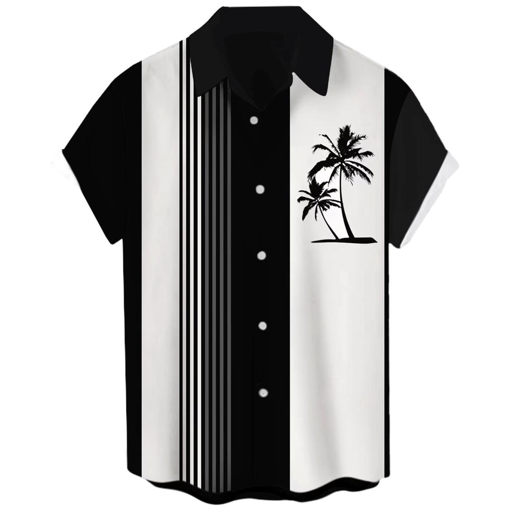 Гавайская рубашка для мужчин, мужские винтажные рубашки для боулинга на пуговицах, летняя пляжная рубашка с коротким рукавом