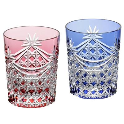 Kagami Crystal Пара бокалов для виски Красный и Дизайн Edo Kiriko с узором «Квадратная плетенка» и «Занавес» (Кагами) Бокалы, Синие, 240 куб. см, Складки,