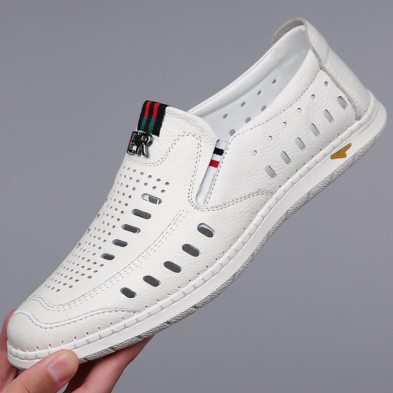 Men'S Sandals Leather Business Hollow Punching Men'S Shoes Soft Sole Hole Dad Leather Shoes White