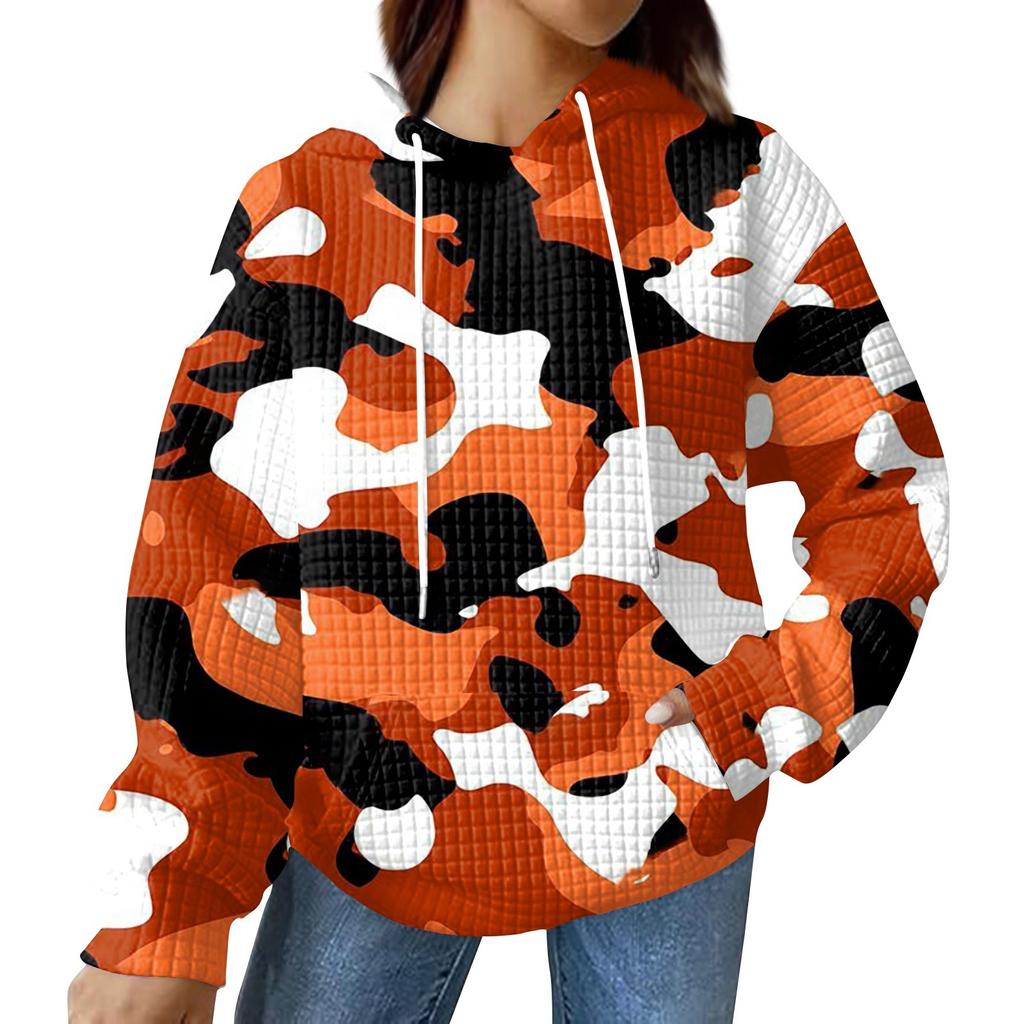 Women's Fashionable Loose Fitting Hooded Pullover, Long Sleeved Sportswear, Camouflage Printed Top, Daily Hoodie