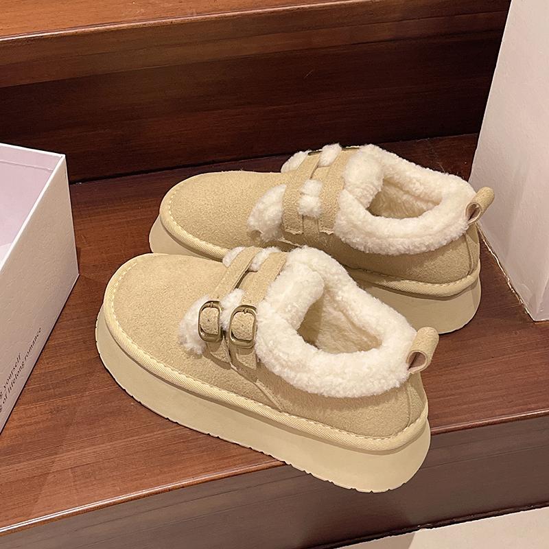 Модные зимние женские сноубутсы с круглым носком, двойной пряжкой, горячая распродажа 2024, на толстой подошве, теплый плюш, средний каблук, водонепроницаемые, повседневные женские туфли