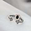 Authentic 925 Sterling Silver Lady Retro Style Charm Ring Inlaid Natural Black Agate Resizable Opening  Rings Jewelry Gift