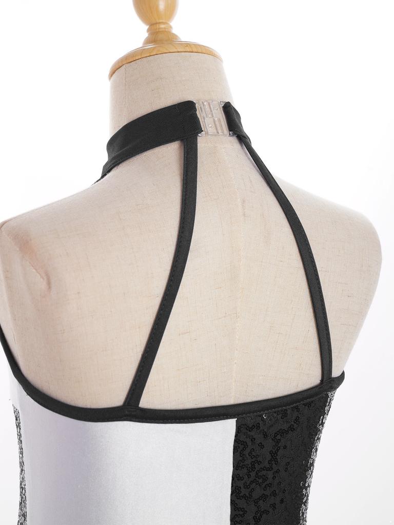 Девочки Блестящий Леотард для Латиноамериканских Танцев Color Block Блестящие Пайетки Кисточка Халтер Без Рукавов Костюм для Выступлений