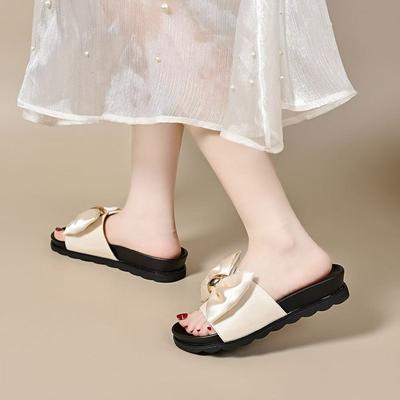 Шлепанцы на толстой подошве для женщин для ношения летом, шлепанцы на плоской подошве с открытым носком и бантом, удобные для отпуска и ленивого ношения