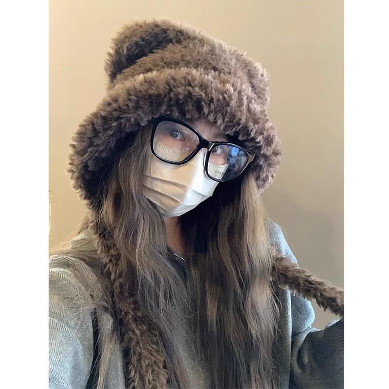 Теплая плюшевая шапка с ушками медведя и кошачьим бантом для женщин – защита ушей на осень/зиму с открытым лицом