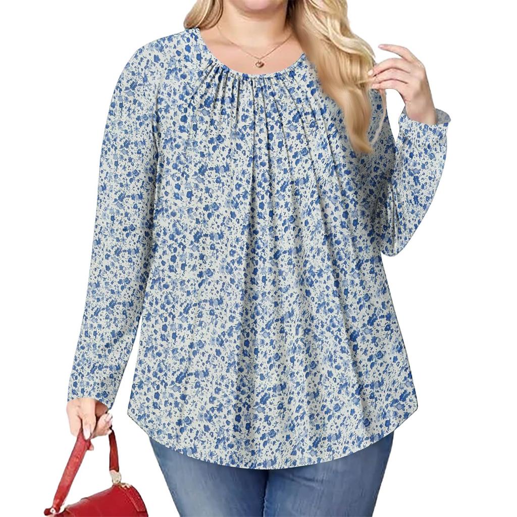 Women's Plus Size Fashion Printed Casual Pleated Round Neck Long Sleeve Top