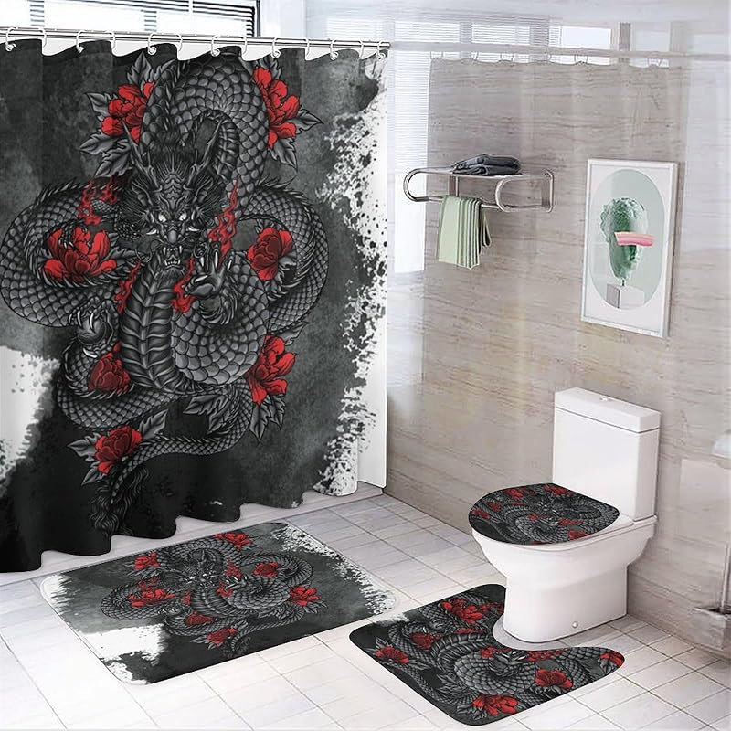 Крутой черно-белый набор из 4 предметов: шторка для душа с драконом и тигром, метафизический небесный дракон и тигр инь-янь, нескользящие коврики, крышка для унитаза, коврик для ванной