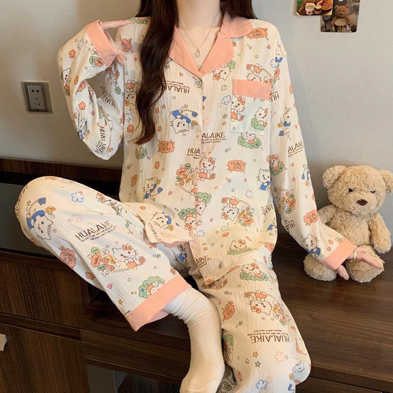 Cartoon Cat Pajamas Women'S Autumn Cloud Cotton Long-Sleeved Cardigan Cute Girl Can Wear Loungewear Suit