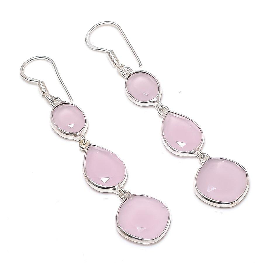 Pink Chalcedony Gemstone Handmade 925 Sterling Silver Earring 2.76" KJ-1040