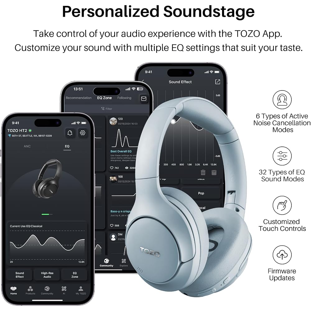TOZO HT2 Wireless Headphones: Hi-Res Audio (Wired Hi-Res), 40mm Dynamic Drivers, Closed-Back, Foldable, Lightweight, Bluetooth 5.3, Wireless, Type-C &