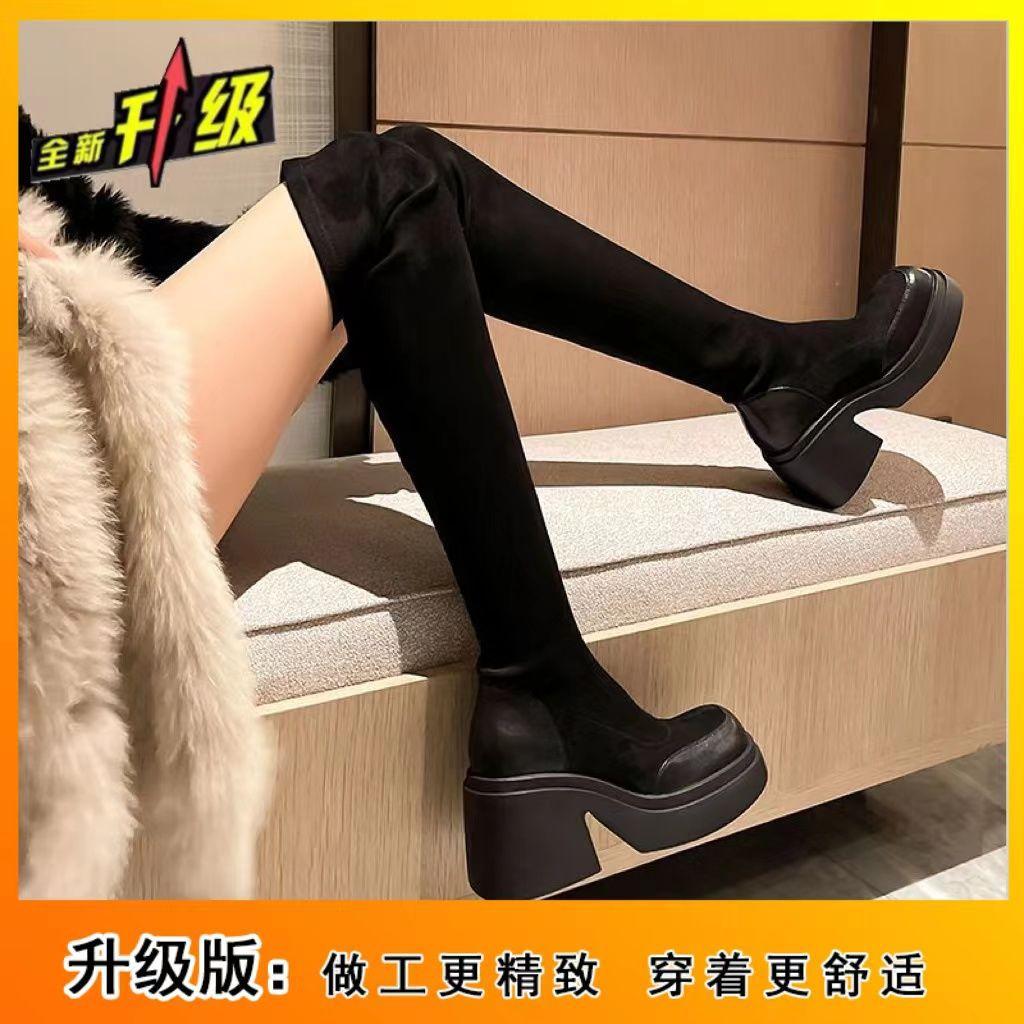 Over-knee Boots 2025 Autumn New Thin Boots Thick-soled Women's Short Boots Versatile Fashion Simple Thick-heeled Elastic Boots