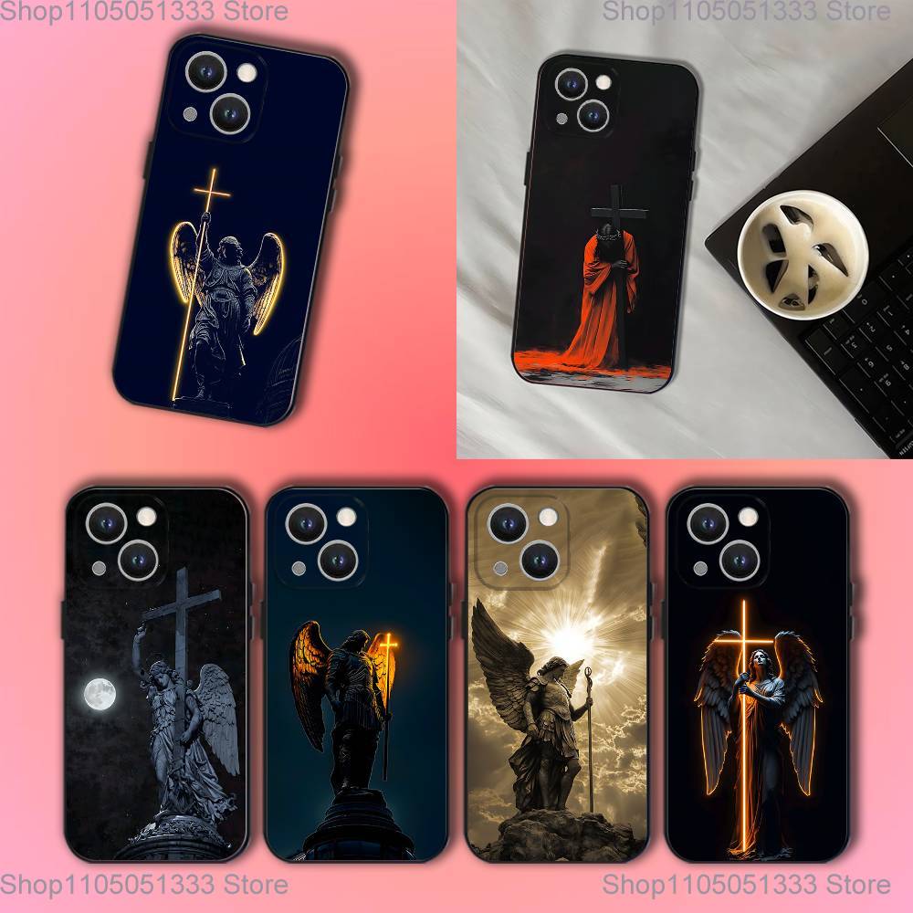 Чехол для телефона с Крестом Архангела Михаила Для iPhone 16,15,14,13,12,11,Pro,XS,Max,XR,Plus,E,SE4,Mini Черный Мягкий Чехол