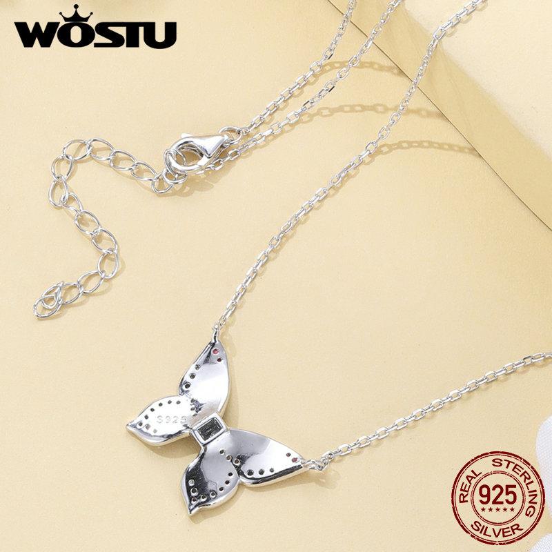 WOSTU 925 Sterling Silver Colorful Butterfly Charm Necklace Spring Jewelry Gift For Cute Insect Chain Necklace Birthday Gift