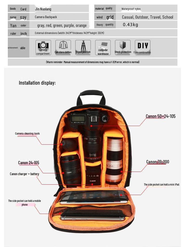 Waterproof, Wear-resistant DSLR Camera Backpack with Layered Lens Storage