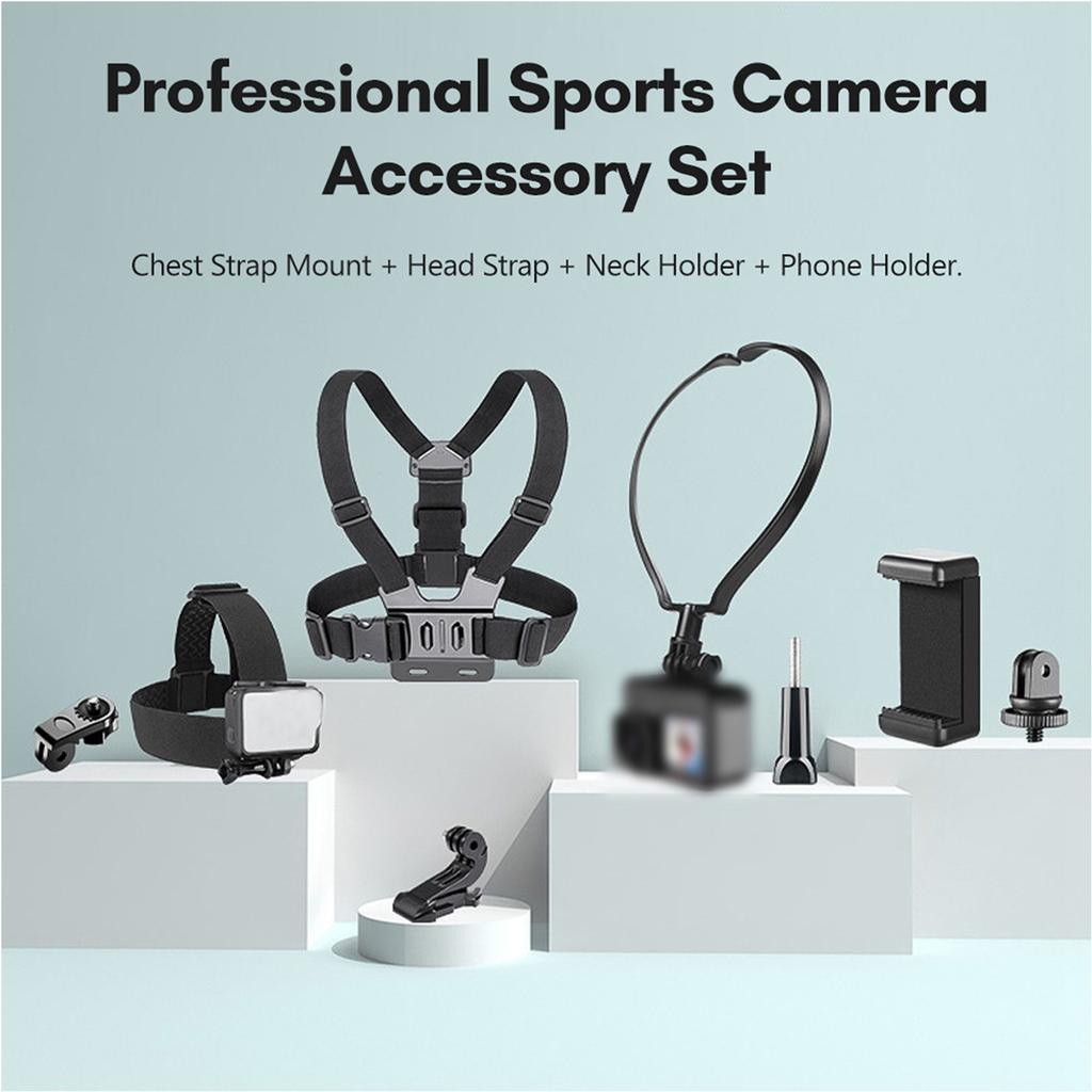 Sports Camera Accessory Set Chest Strap Mount + Head Strap + Neck Holder + Phone Holder for Cycle Hiking Boating Travel