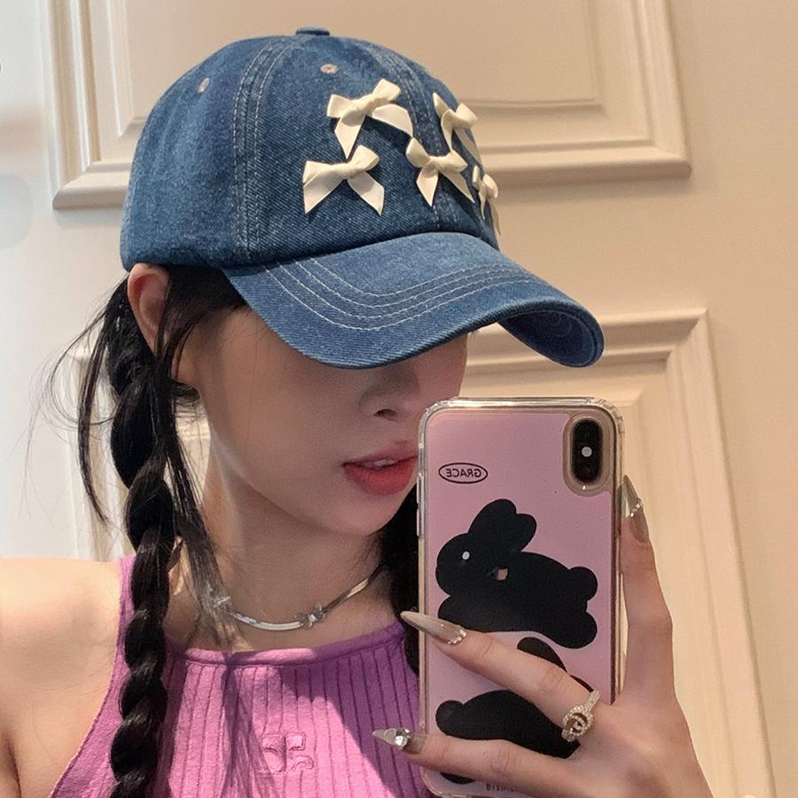 Бейсболка из джинсовой ткани Bow для женщин - легкая, регулируемая посадка, защита от солнца - идеально подходит для любого сезона, корейский стиль, узел-бабочка, кепка-утконос