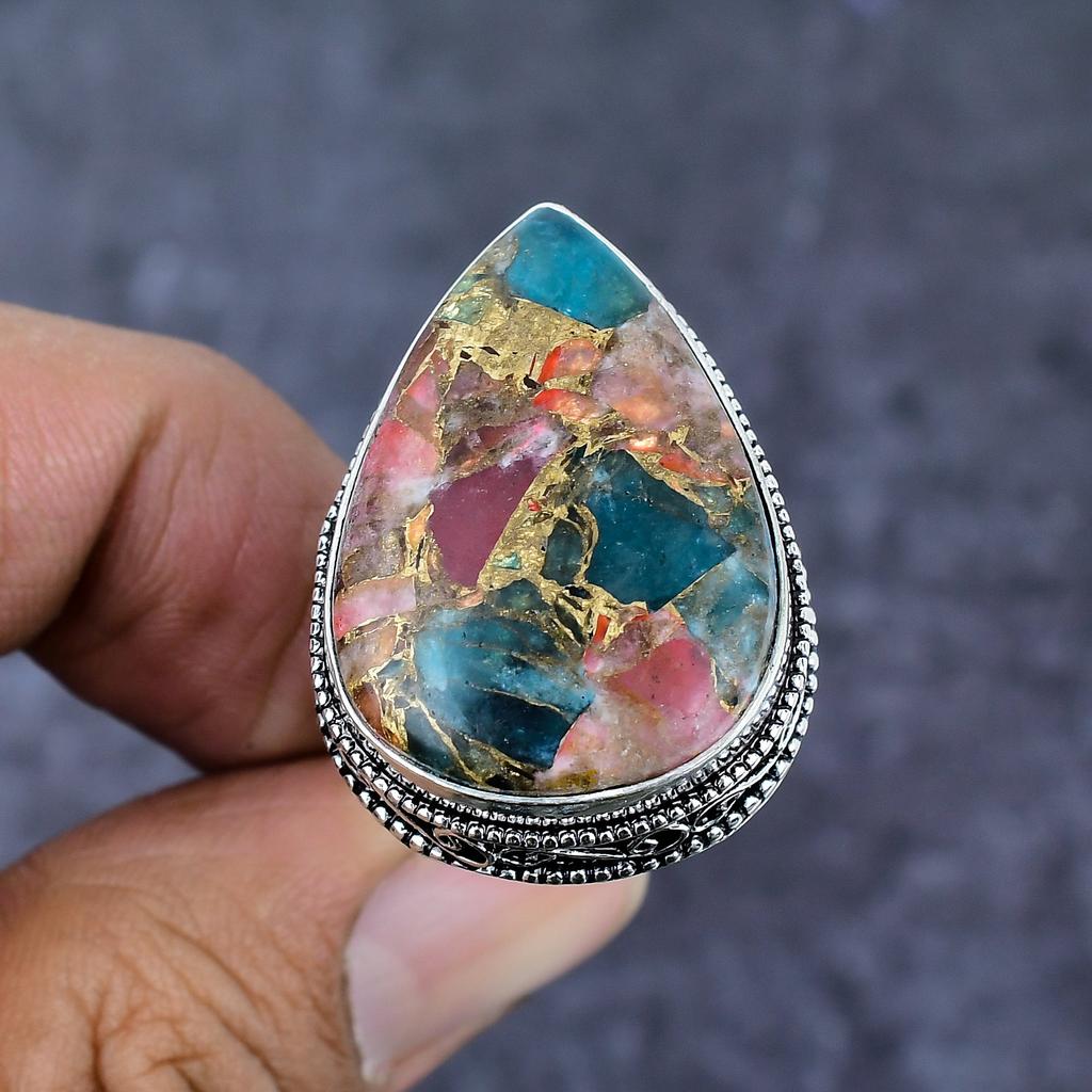 Натуральный арбузный турмалин Кольцо из стерлингового серебра 925 пробы Размер 9 ET-4811