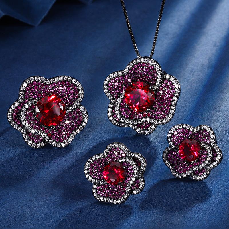 Jewelry Copper Bottom Gold-Plated Simulation Red Corundum Flower Black Gold Suit Female 10-8Mm