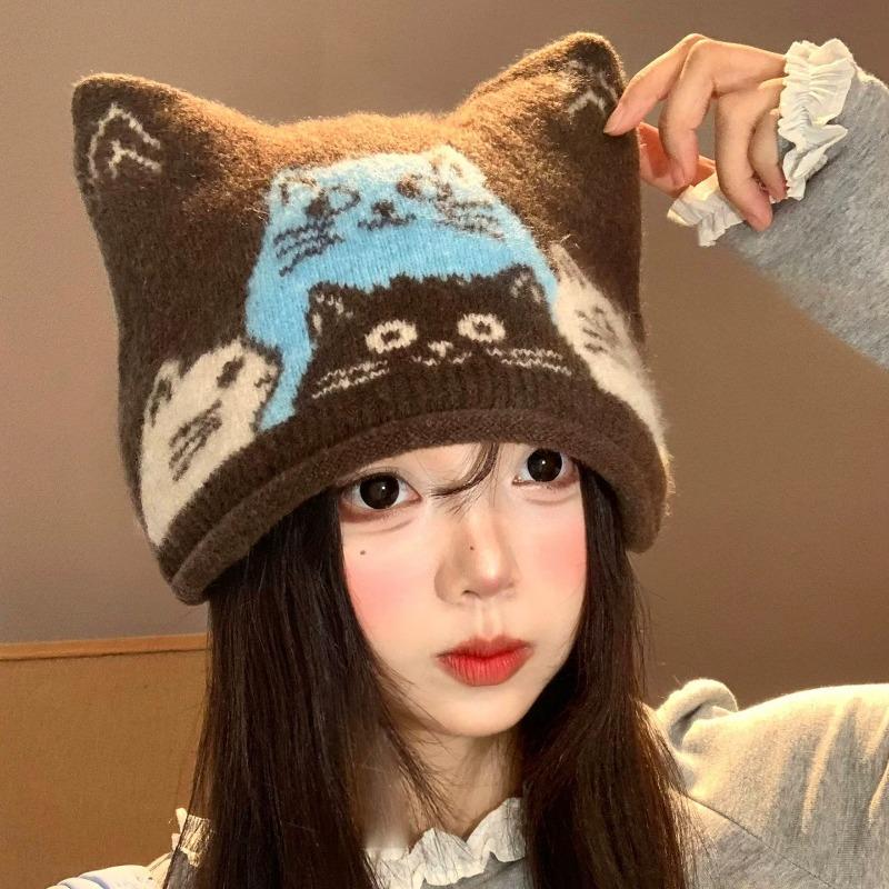 Cute cat jacquard cat ears knitted hat female autumn and winter cartoon face small wool hat warm bag head hat