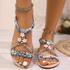 Fashion 2025 Summer New Women's Elastic Strap Sandals Woven Color Block Beaded Floral Design  Casual Beach Wear Sandals