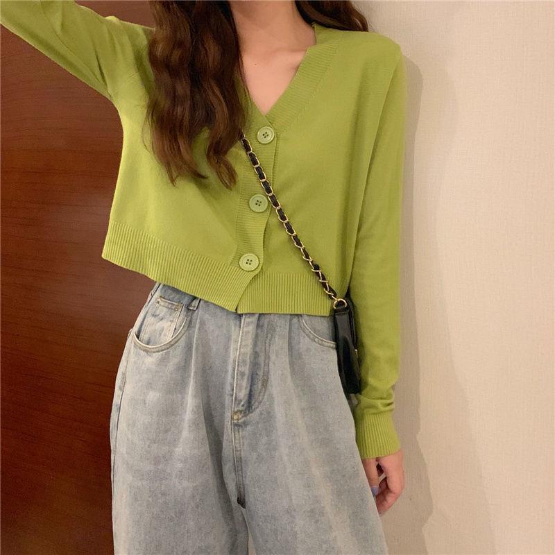 Весенне-осенний вязаный кардиган с длинными рукавами, свитер с v-образным вырезом, однотонное короткое повседневное пальто SL