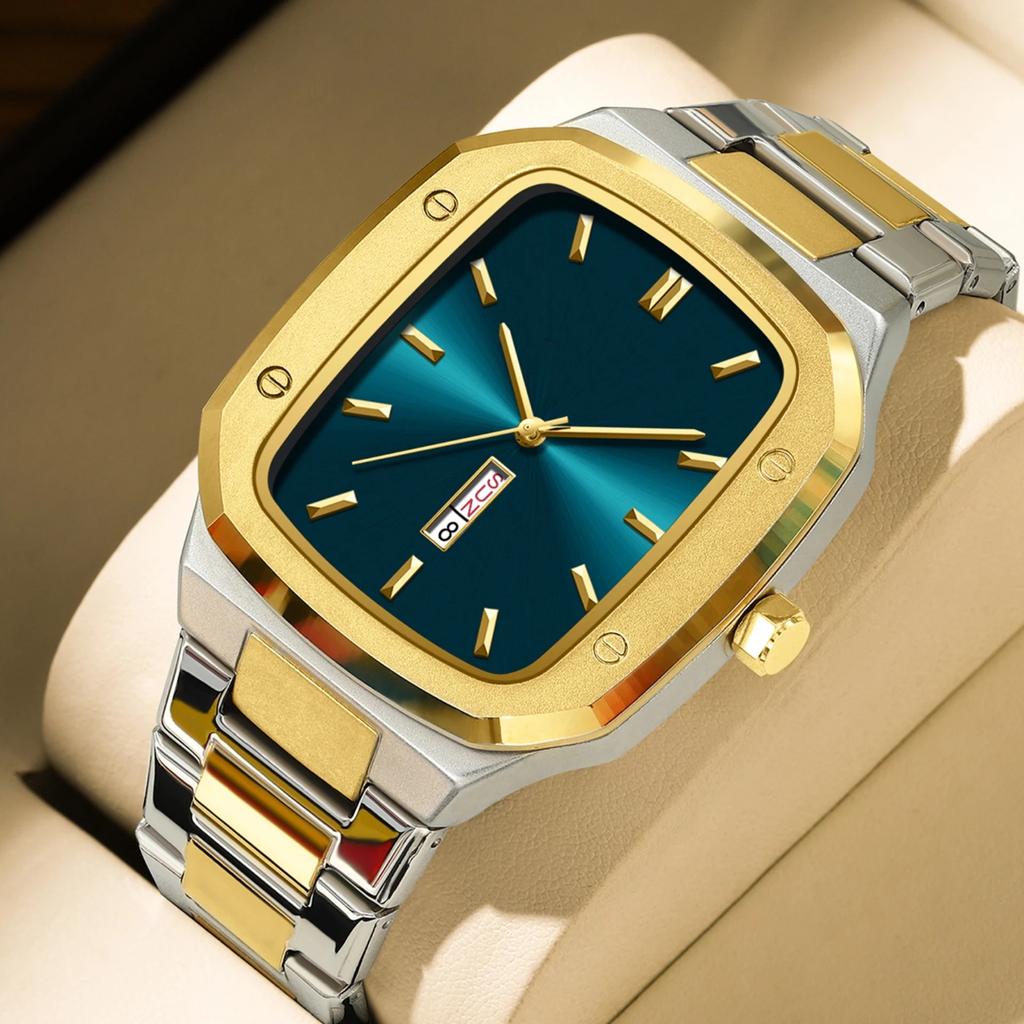 Men Square Stainless Steel Strap Watch Quartz Week Calendar Simulated Business Sports Wristwatch
