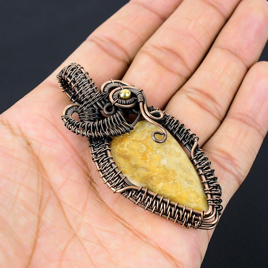 Fossil Coral Gemstone Pure Copper Wire Wrapped Handmade Pendant Jewelry For Gift