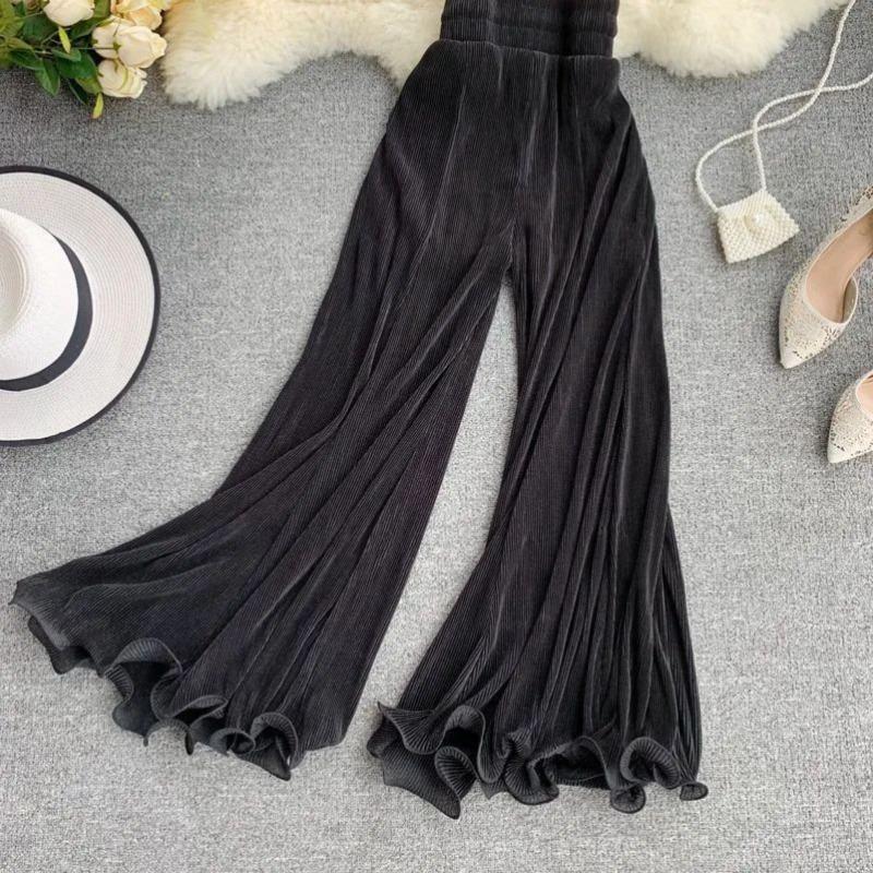 Летние широкие брюки с рюшами по краям, расклешенные брюки «рыбий хвост» с эластичной резинкой на талии, женские сетчатые прозрачные брюки, темпераментные повседневные плиссированные брюки с кондиционером