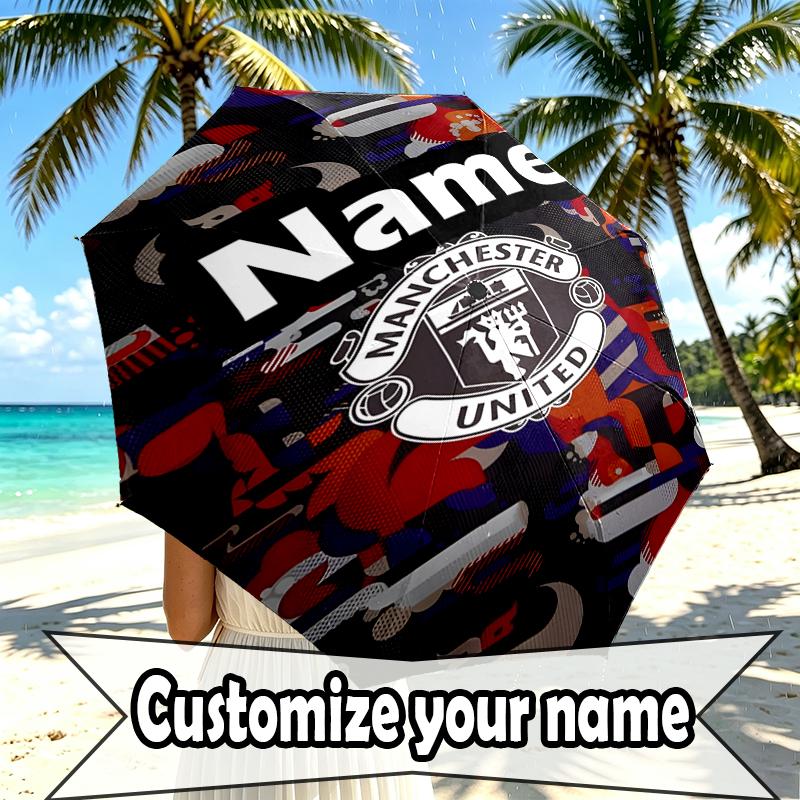 Custom Name Personalized Manchester Football F.C Print Umbrella, Auto Open Close, 8‑Rib Sturdy Frame, Commute Camping Hiking Use, Birthday Gift