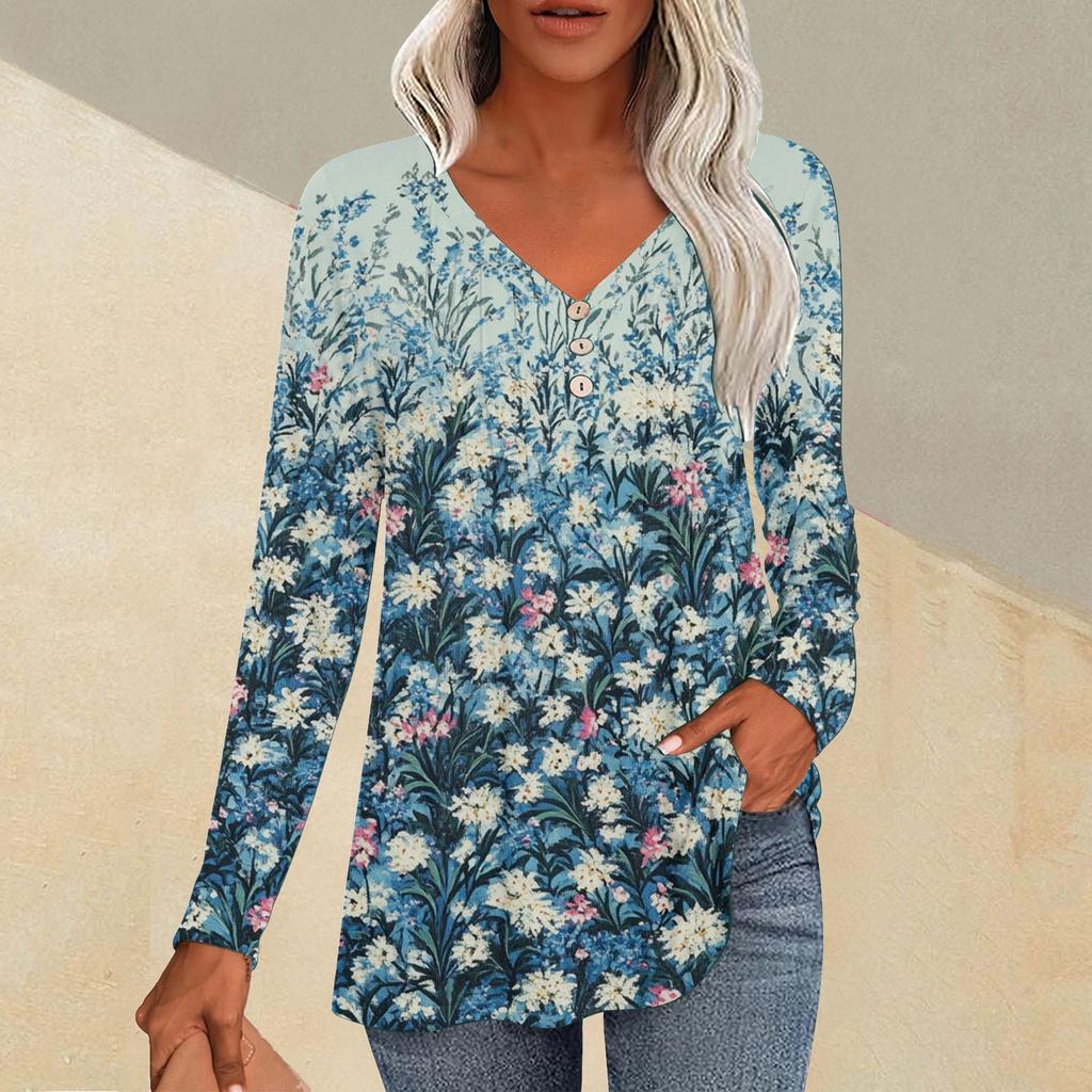 Женская модная повседневная плиссированная футболка с V-образным вырезом и растительным принтом, длинный рукав