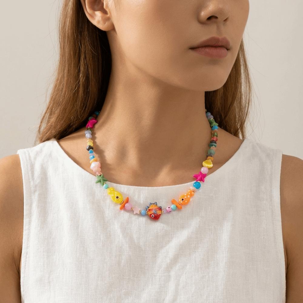 Resin Fish Charms Pendant Scallops Beaded Necklace Jewelry Colorful Fish Necklace  Women