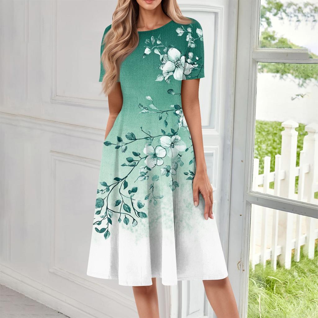 Женское повседневное модное платье миди с круглым вырезом и коротким рукавом с принтом